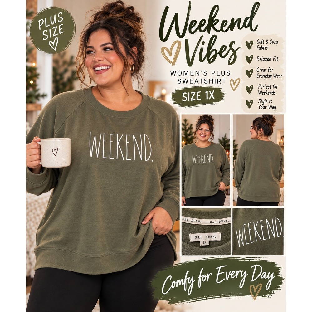 Rae Dunn Weekend Sweatshirt Women's Plus 1X Olive Green Crew Neck Pullover